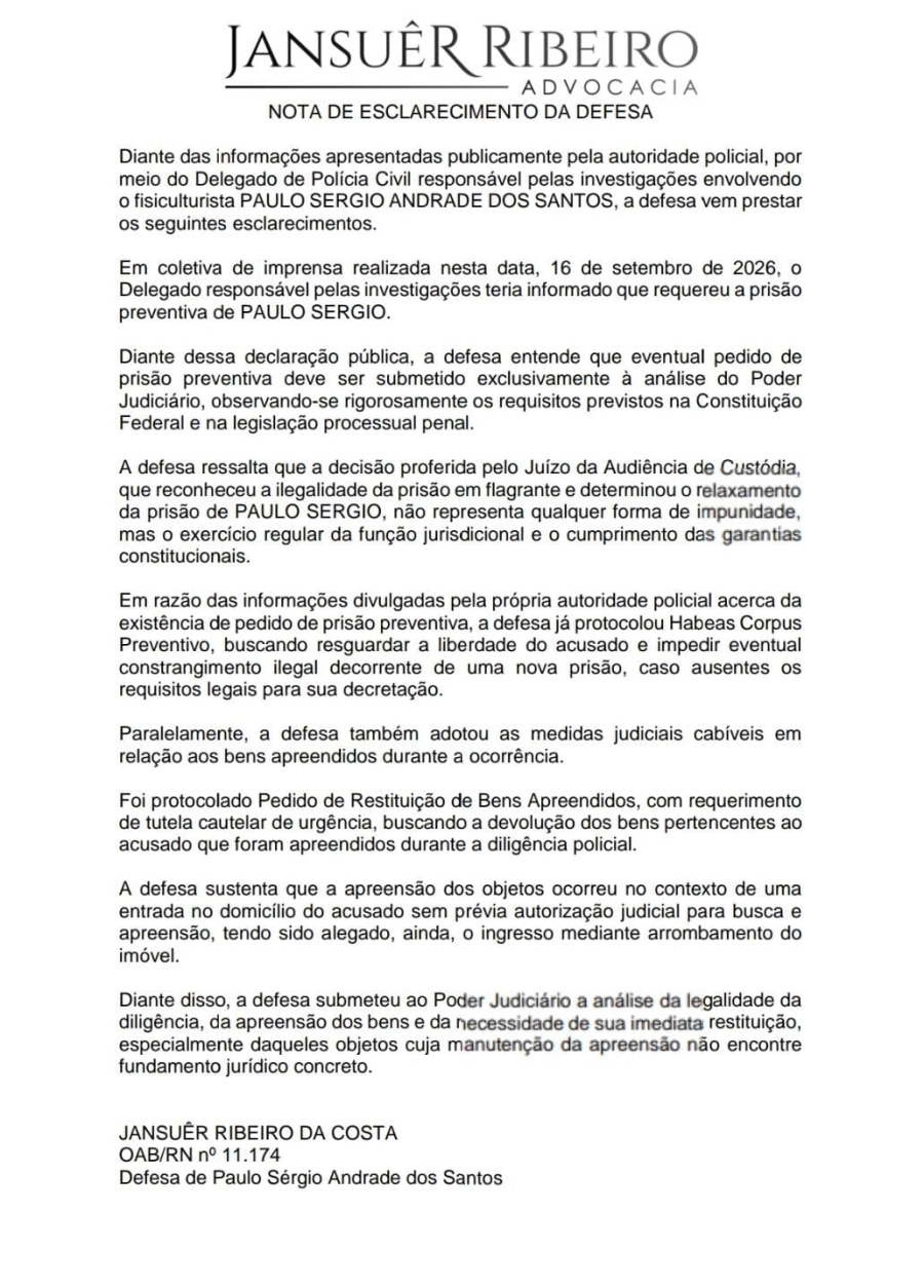 DEFESA DE FISICULTURISTA PAULO SERGIO REAGE A PEDIDO DE PRISÃO PREVENTIVA E PROTOCOLA HABEAS CORPUS PREVENTIVO
